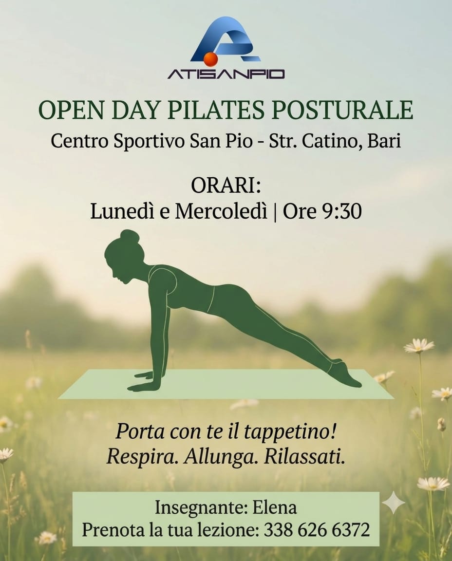 Volantino Open Day Pilates Posturale: lunedi e mercoledi ore 9:30 con insegnante Elena